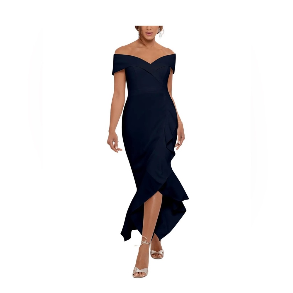 Xscape navy off shoulder cascade ruffle hi low gown